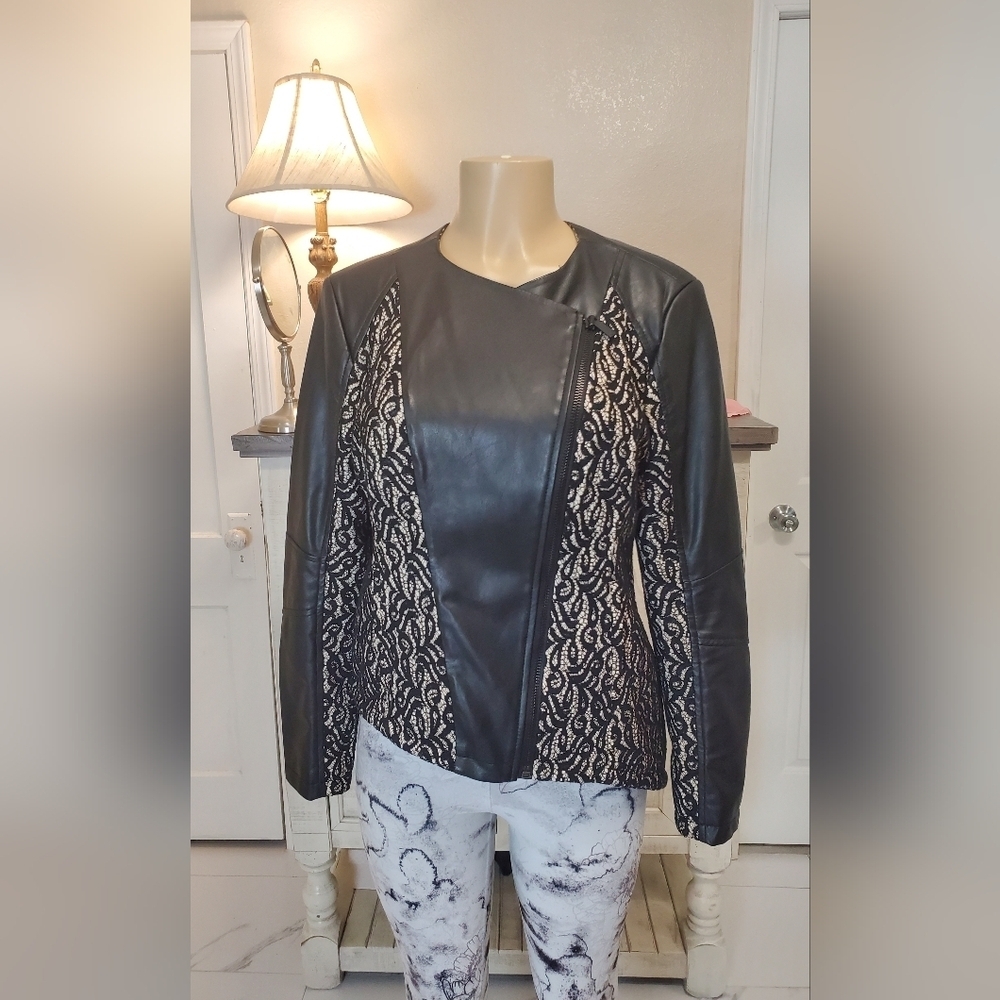 G.I.L.I Faux Leather Motorcycle Jacket W/ Bonded Lace Black Color Size 10